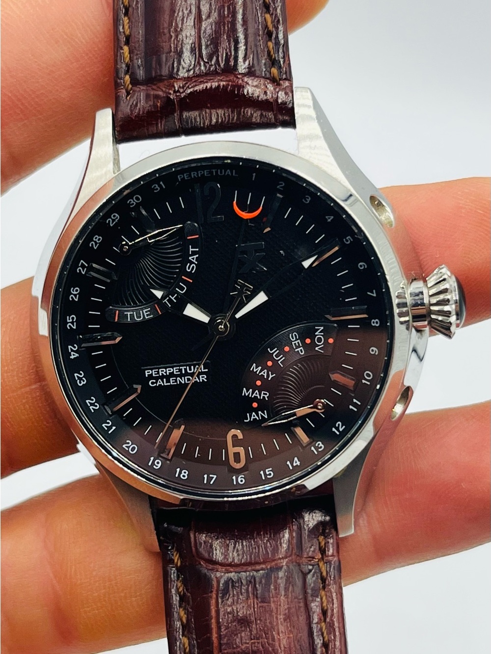 Perpetual Calendar Men's Watch - Black Dial, Brown Leather Strap - Picture 8 of 11